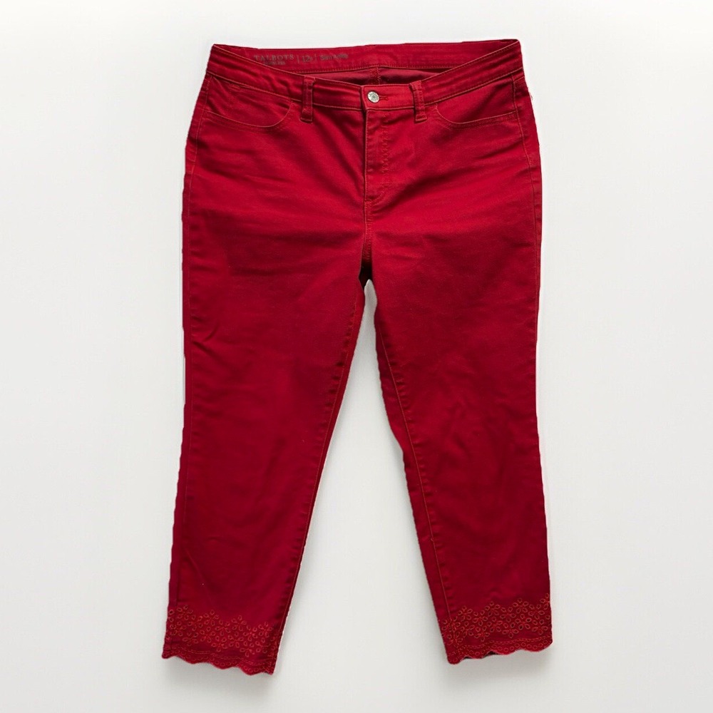Talbots Slim Ankle Pants Red Eyelet Trim‎ Cropped Women's Size 12